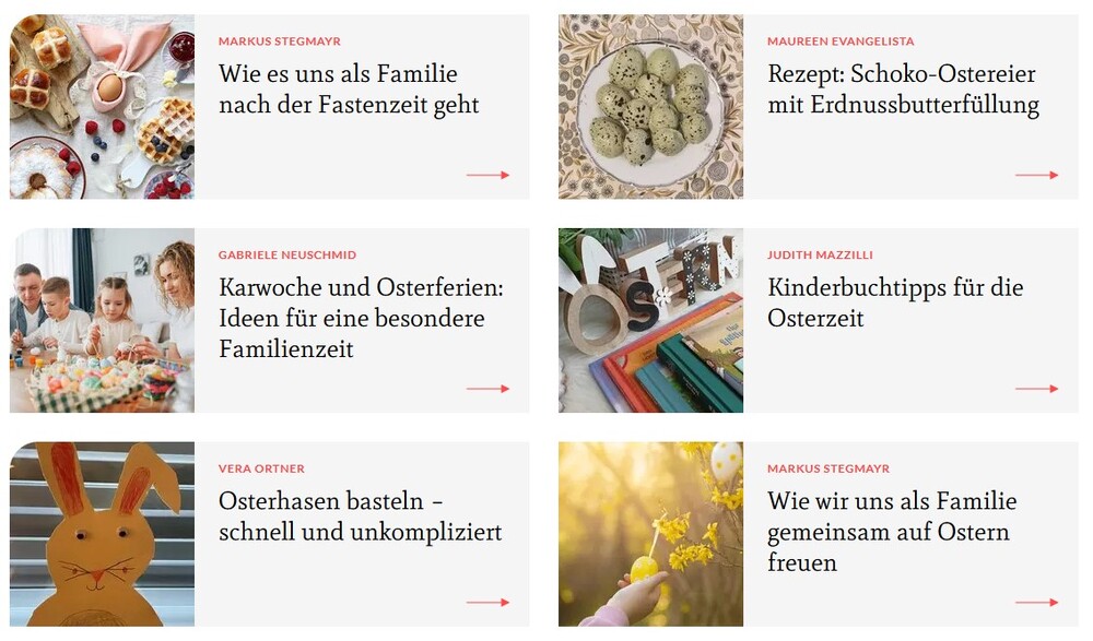 Screenshot von meinefamilie.at mit Beiträgen zum Thema Ostern in der Familie feiern.